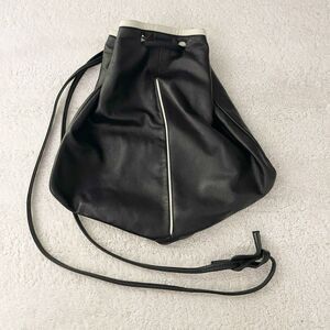 Vintage Black Leather Shoulder Bucket Drawstring Bag with White Trim Artsy 90s